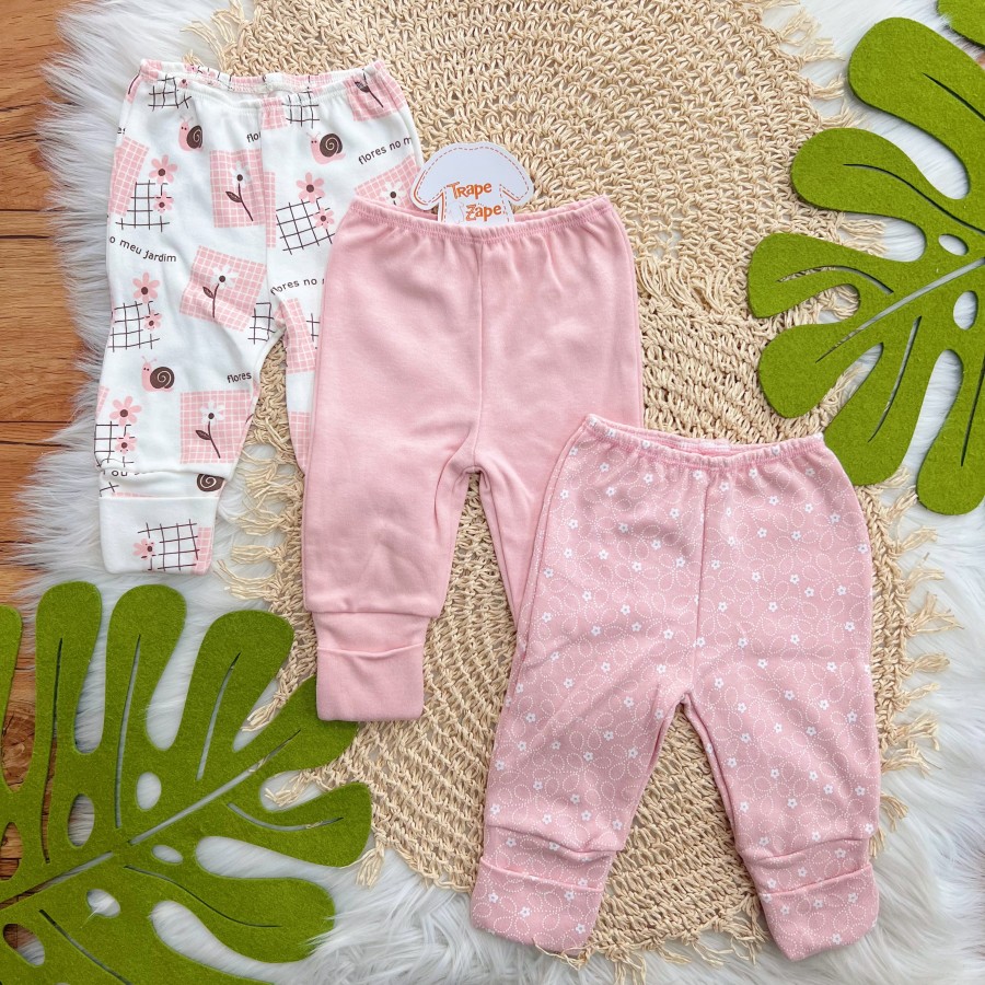 Kit 3 Calças - Flores no Meu Jardim, Rose e Florzinhas - Rose e Off White